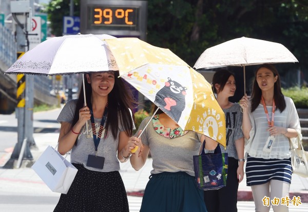 台北街頭一處溫度計飆高到39、40度，行人紛紛撐傘遮擋豔陽。（記者廖振輝攝）