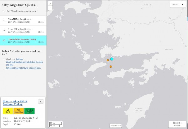 土耳其在台灣時間今日清晨發生規模6.7強震。（圖片擷取自「USGS」官網）