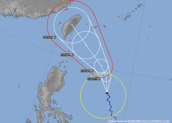 「台灣颱風論壇」指出，各國預報大幅提早，將可能在週六（29日）晚上登陸台灣。（圖擷取自日本氣象廳）