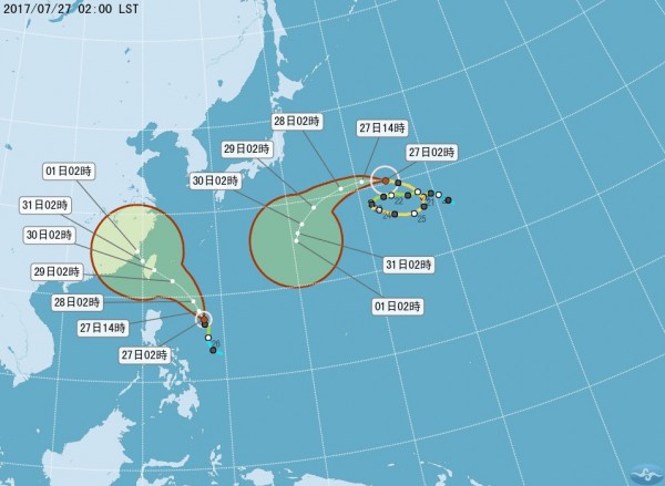 氣象局表示，「尼莎」可能持續增強為中颱，最快週六（29日）發布海警，不排除發布陸警。尼莎颱風路徑潛勢圖。（圖取自氣象局網站）