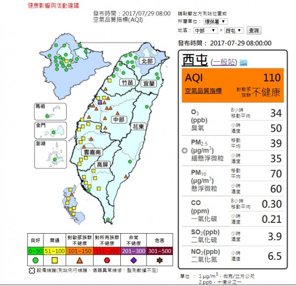 彭啟明說，受尼莎外圍下沉氣流影響，中部空氣品質轉差。（擷取自氣象達人彭啟明臉書）