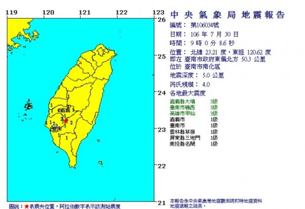 三十日上午九時南市南化區發生芮氏規模四地震。消防局表示，無災情傳出。（記者王俊忠翻攝自中央氣象局網站）