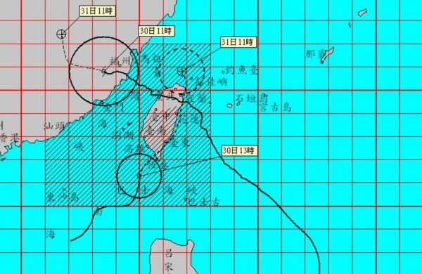 輕度颱風海棠暴風圈已觸及台灣本島南端陸地，高雄市與屏東縣須嚴防超大豪雨。（圖擷自中央氣象局網站）