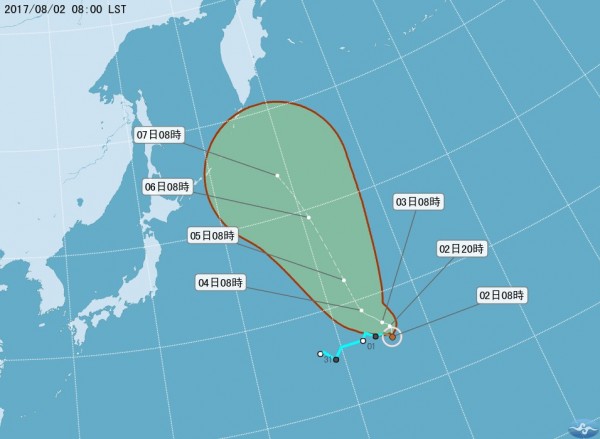 中央氣象局預測「奈格」路徑。（圖擷取自中央氣象局）