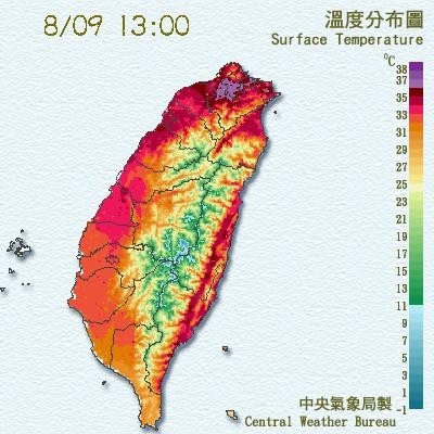 今天基隆地區飆出38度高溫。（圖擷取自中央氣象局）