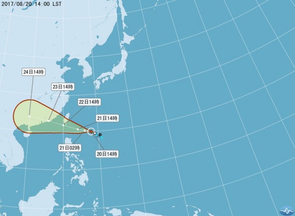 天鴿颱風今天（20日）下午成形，氣象局預計晚間11點30發布海上警報，明天中午前後發布陸上警報。（翻攝自中央氣象局）