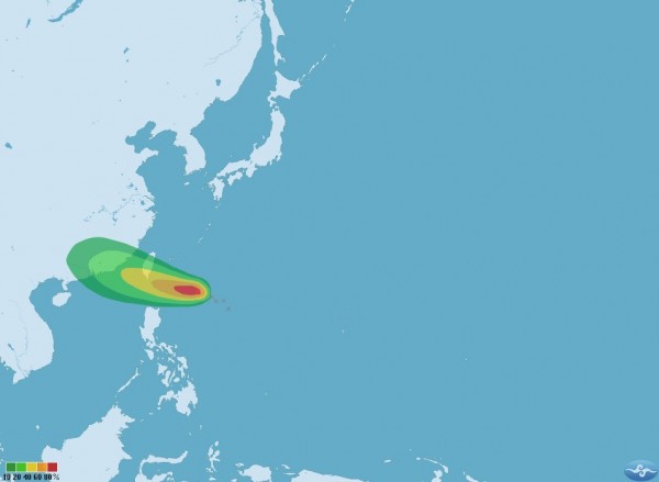 中央氣象局表示，原位於鵝鑾鼻東南東方海面上的熱帶性低氣壓，今天下午2點升格為第13號颱風「天鴿」。（圖擷自中央氣象局網站）