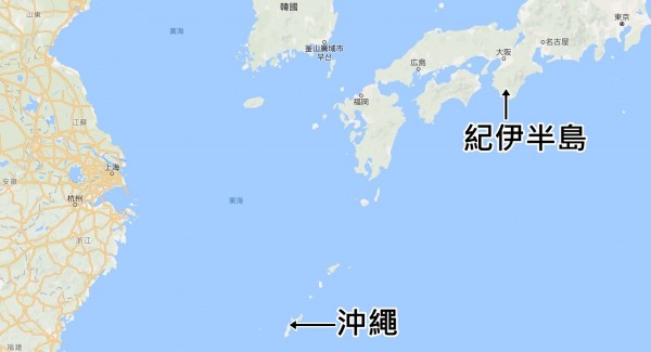 日本防衛省首度監測到，6架中國的轟炸機飛越沖繩本島與宮古島間的宮古海峽，並一路向東北飛行到紀伊半島海域。（圖擷自Google Map）