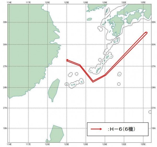 6架中國的轟炸機飛越沖繩本島與宮古島間的宮古海峽,並一路向東北飛行到紀伊半島海域,之後再依原路飛返。(圖擷自日本防衛省網站) 6架中國的轟炸機飛越沖繩本島與宮古島間的宮古海峽,並一路向東北飛行到紀伊半島海域,之後再依原路飛返。(圖擷自日本防衛省網站)