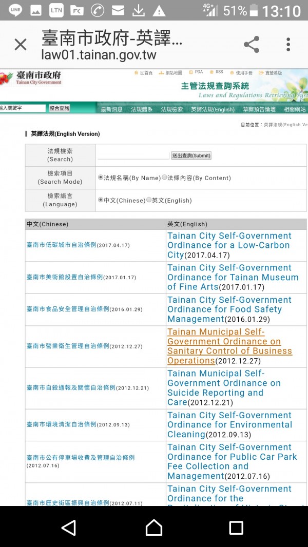 南市完成部份自治條例英語化，官網查詢得到。（記者洪瑞琴翻攝）