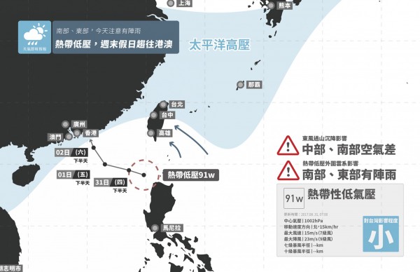 受到熱帶低氣壓影響，南部、東部有陣雨的機率。（圖擷取自天氣即時預報）