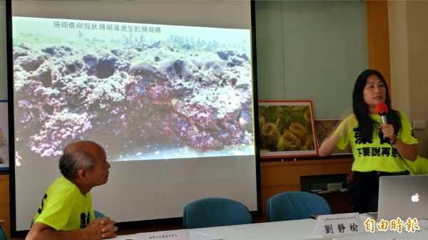 農委會台灣特有生物研究中心研究員劉靜榆表示,大潭藻礁擁有者完整的生態結構,提供源源不絕的食物,是一個永續食物庫的概念,相當珍貴。 (記者劉力仁攝) 農委會台灣特有生物研究中心研究員劉靜榆表示,大潭藻礁擁有者完整的生態結構,提供源源不絕的食物,是一個永續食物庫的概念,相當珍貴。 (記者劉力仁攝)