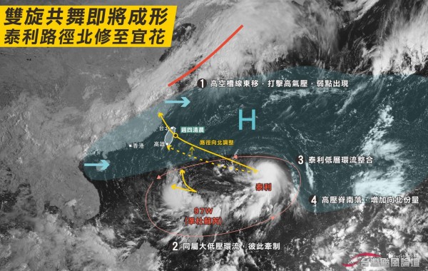 在菲律賓東方海面還有一個熱帶性低氣壓蠢動，有機會成為今年第19號颱風「杜蘇芮」，與泰利互動值得留意。（台灣颱風論壇提供）