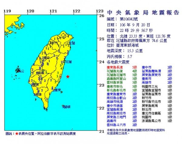 今天22點29分發生芮氏規模5.7地震，震央位於花蓮縣政府南偏東方74.6里處（台灣東部海域）。（圖擷取自氣象局）