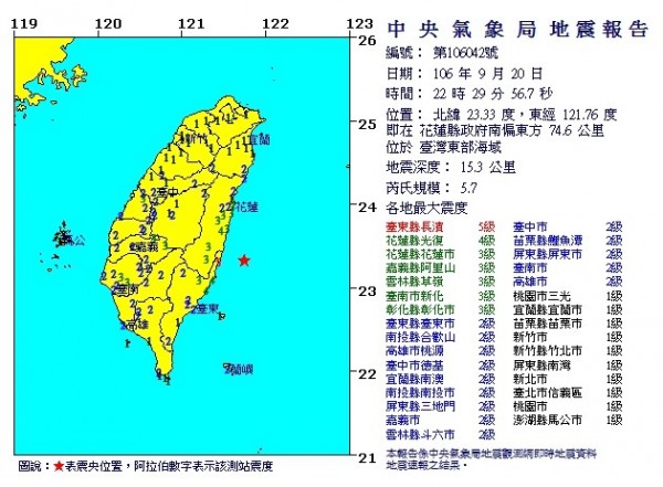 晚間10點由左右，花蓮縣政府偏東方74.6公里，即東部海域發生規模5.7的地震。（擷取自中央氣象局網站）