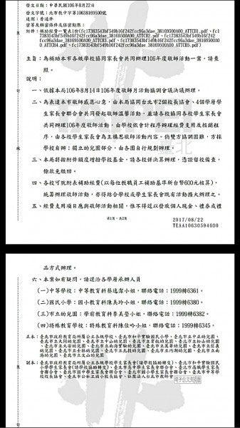 柯P教師節出怪招！給六百元敬師金，卻限定由家長會主辦敬師活動，造成教師和家長對立，公文可清楚看到「倘雙方協調困難，方由學校辦理」，早已預見會造成親師衝突。
（記者林曉雲翻攝）