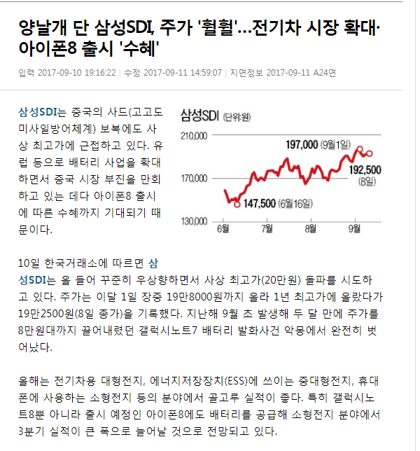 南韓產經媒體《Hankyung》指出，蘋果最新發布的iPhone 8是使用南韓廠商三星SDI供應的電池。（圖擷取自Hankyung）