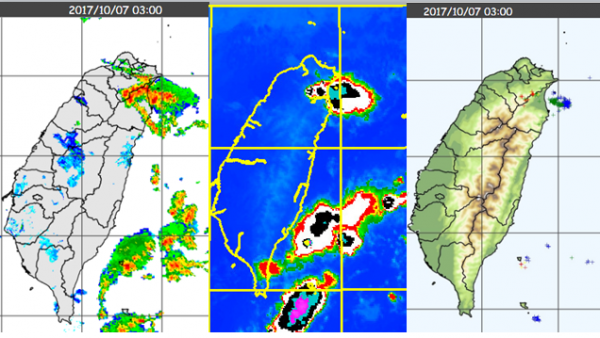 紅外線衛星雲圖（中）顯示，相對位置上對流雲頂溫度低，代表對流發展高度很高。（圖取自氣象應用推廣基金會）