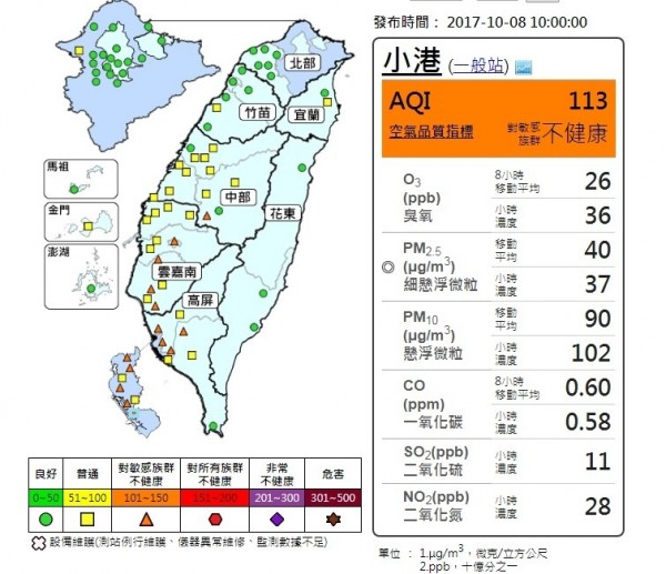 連假出遊注意！中南部五縣市空品不佳。（取自環保署空氣品質監測網）