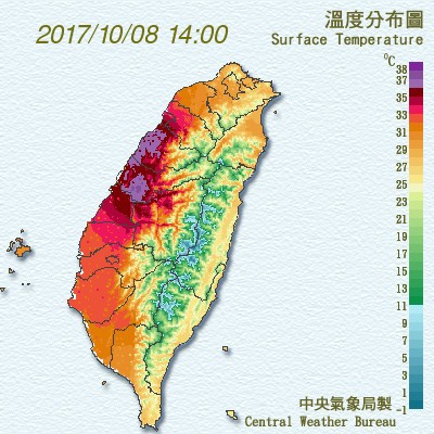 台中至新竹之間產生焚風現象，據氣象局的溫度觀測顯示，新竹、苗栗、台中一帶呈現「紫爆」狀態。（中央氣象局）