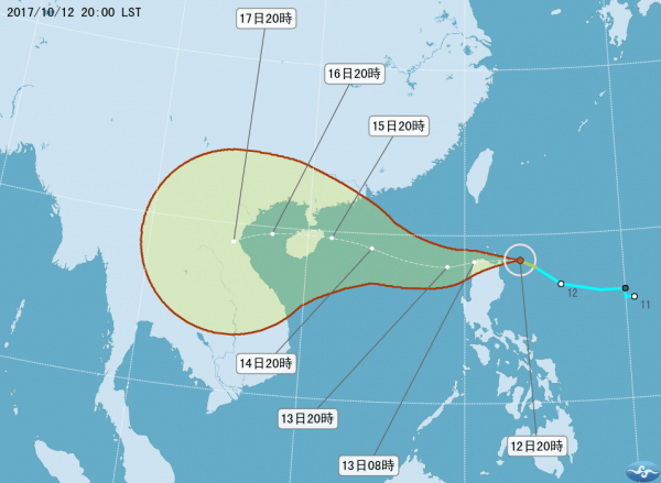 位於菲律賓東方海面的熱帶性低氣壓，今晚8點升格為今年第20號颱風卡努。（圖擷自中央氣象局）