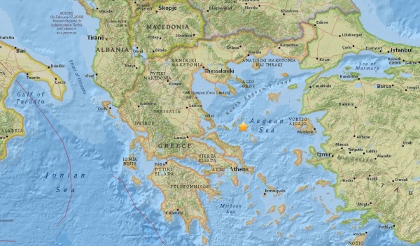 根據美國地質調查所（USGS）觀測顯示，希臘愛琴海海域在台灣時間今晨6時許傳出規模5.1強震。（USGS）