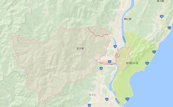 受豪雨影響，明（15）日延平鄉紅葉村及桃源村下里地區、鸞山村上野地區停止上班上課。（翻攝GOOGLE地圖）