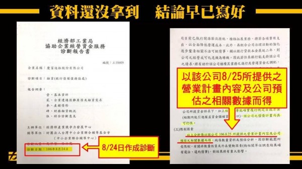 黃國昌表示，報告是以「該公司8月25日」所提供之營業計畫及公司預估之數據而得；但診斷在8月24日已經完成。（圖擷取自黃國昌臉書）