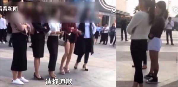 8名打扮時尚的OL女子，因一言不合在廣西南寧某廣場前相約談判，之後更爆發肢體衝突，影片在網路上流傳引發網友熱議。（圖擷自看看新闻KNEWS 微博）