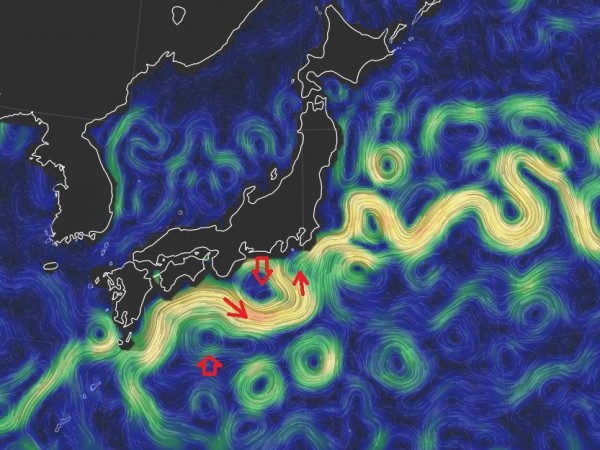 鄭明典表示，此現象就是「大蛇行」的黑潮型態，可能為東京帶來偏冷的天氣。（圖擷取自鄭明典臉書）