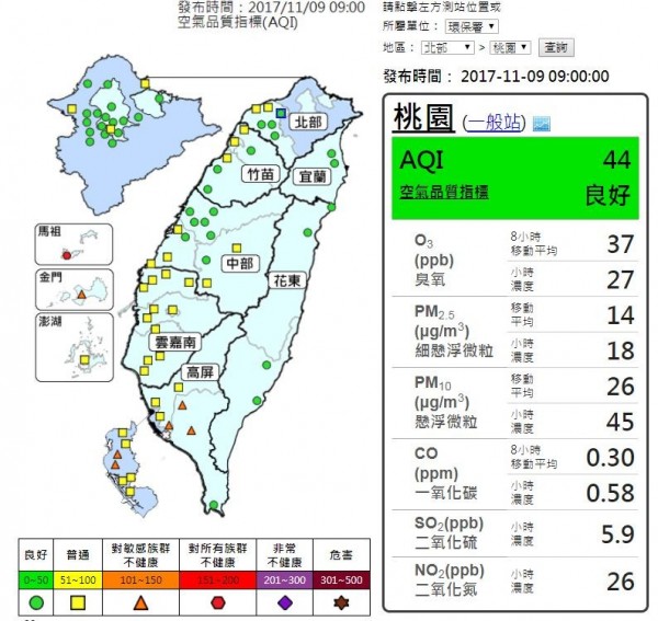 受乾淨的東北風吹拂，今全台多數地區空氣品質不差。（環保署空氣品質監測網）
