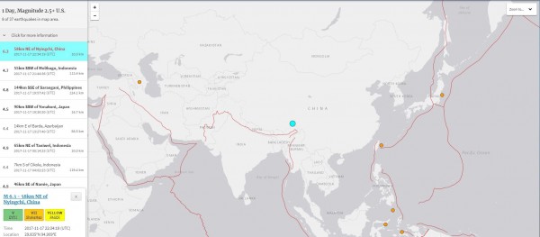 中國西藏林芝市巴宜區今天上午6點34分發生地震，中國地震台網表示測得6.9地震，美國地質調查所測得6.3，深度為10公里。（圖取自美國地質調查所） 