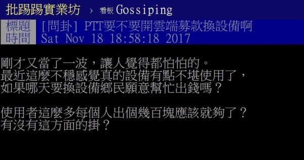 PTT於今天傍晚6點多再度無預警當機，雖然這次很快就修復，但針對近期PTT連線不穩，有網友認為可能是設備不堪使用，在八卦版發文呼籲募款換設備。（圖擷自PTT）