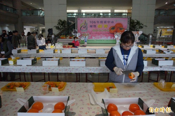 台中市甜柿評鑑在陽明市政大樓舉行。（記者歐素美攝）