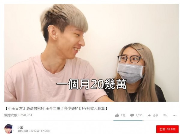 YouTuber「小玉」日前拍影片自爆今年1月至9月共賺進342萬5800元，讓YouTuber的收益成為熱門討論話題。（圖擷自YouTube）