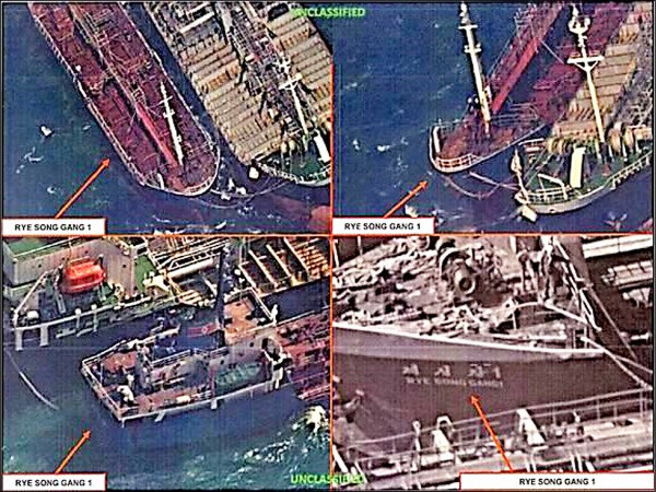美國財政部公布攝於十月十九日的照片顯示，一艘大型中國船隻在海上轉移石油給北韓籍船隻「禮成江一號」，違反聯合國安理會制裁北韓決議，過程均被南韓及美國當局掌控。（取自網路）
