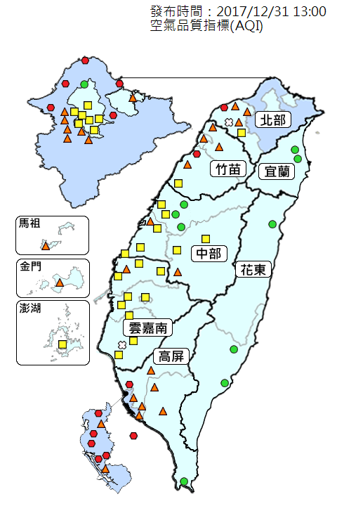 跨年夜空氣差，預估影響至1日早上。（圖擷取自環保署空氣品質監測網）