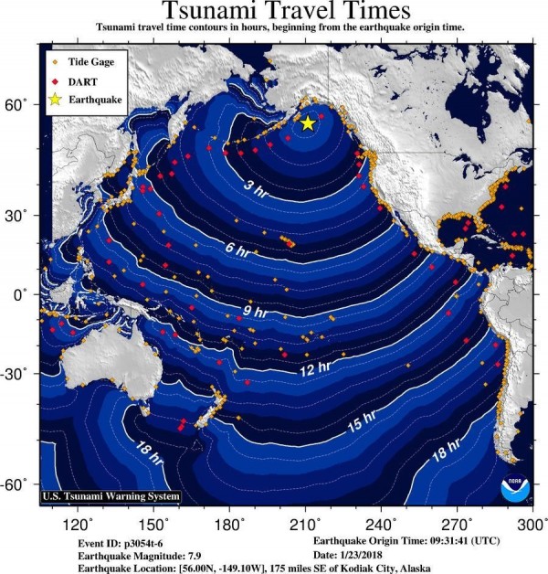 海嘯預測圖。（圖擷取自NWS Tsunami Alerts推特）