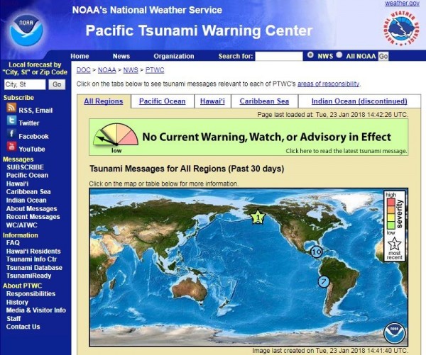 太平洋海嘯警報中心網站顯示，海嘯警報已經解除。（圖擷取自網路）
