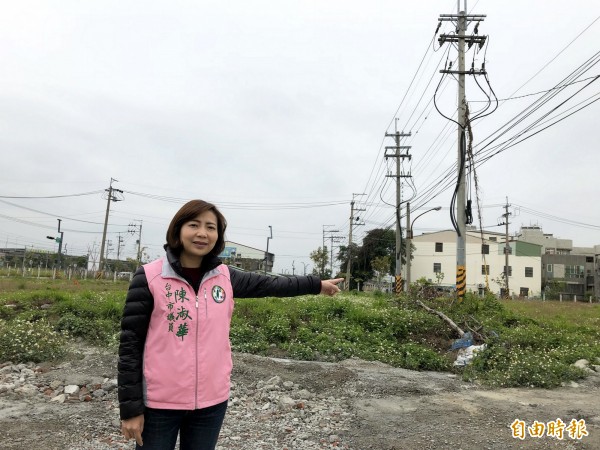 水湳經貿園區內有部份電桿、電纜線未下地，市議員陳淑華呼籲市府加速協調作業。（記者張菁雅攝）