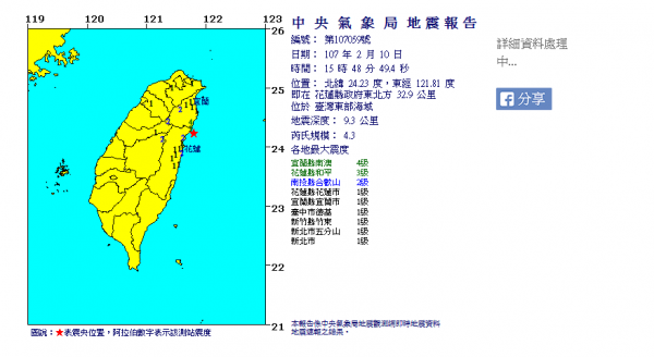 花蓮縣今天下午再度發生有感地震！（圖擷取自中央氣象局）