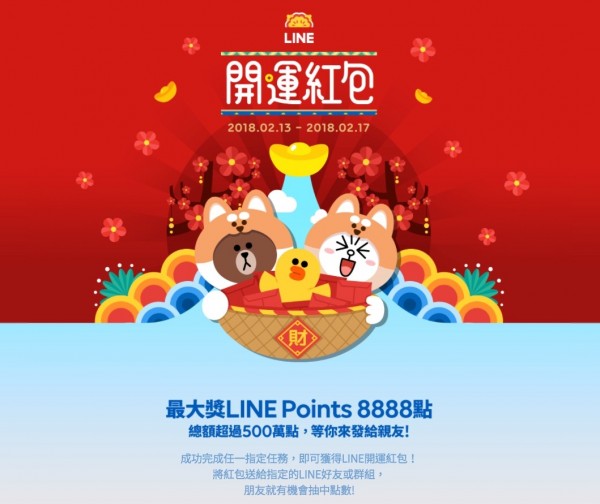 LINE推出「LINE開運紅包」活動 最大獎為8,888點。（LINE提供）