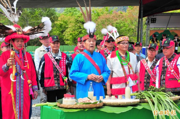 植樹活動開始前，由太巴塱部落祭司林正治（中間藍色衣服）、太巴塱部落頭目楊德成（左紅衣戴羽冠）及馬太鞍部落耆老蔡義昌（右一）等13位頭目及耆老共同祈福。（記者花孟璟攝）