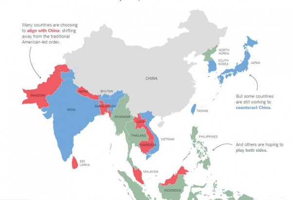 《紐約時報》描繪亞洲的美中勢力版圖。（圖擷自《紐約時報》）