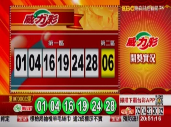威力彩、38樂合彩開獎獎號。（圖擷取自東森財經新聞）
