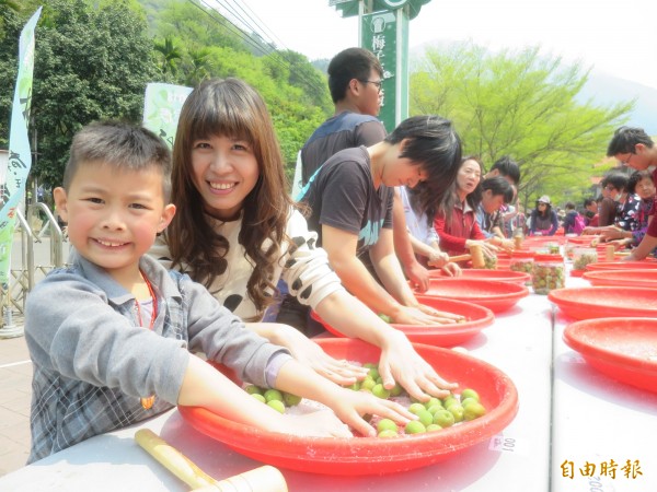 信義鄉農會「梅子節」千人製梅活動，吸引不少親子參與體驗。（記者劉濱銓攝）