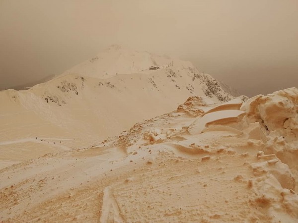 有網友到俄羅斯的高山滑雪勝地遊玩，拍下一整片的橘雪照，上傳到臉書後掀起網友熱議。（圖擷取自臉書Сейчас в Сочи社團）