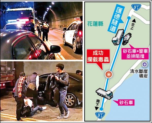 警方調用2台砂石車協助擋道，佈崗蘇花公路「匯德隧道」，當毒蟲駛進隧道後逮人！ （記者王峻祺翻攝）