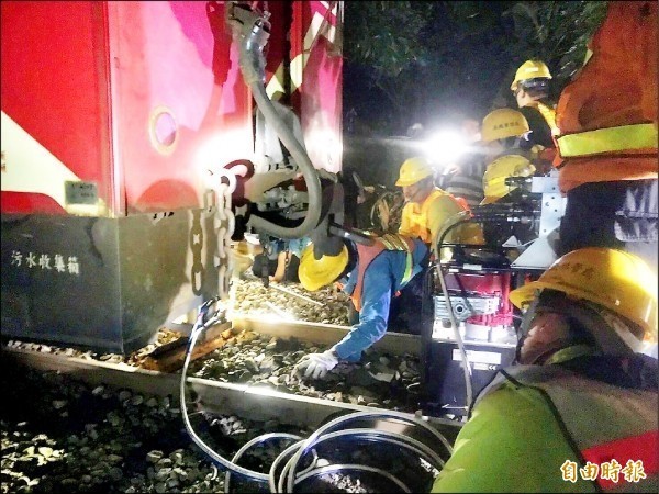 阿里山森林鐵路小火車頻傳脫軌，圖為森鐵處人員搶修畫面。（資料照，台鐵局提供）