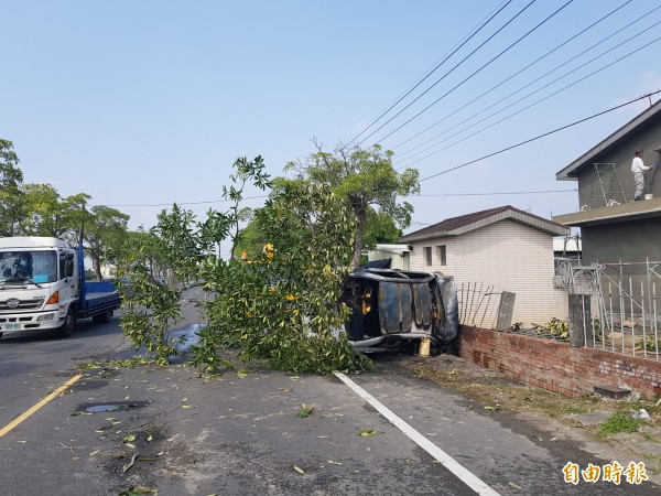 陳姓男子駕駛自小客行經東山區165線鳳尾厝段，疑似超車不慎，先擦撞大貨車，再撞上路樹起火燃燒。（記者王涵平攝）